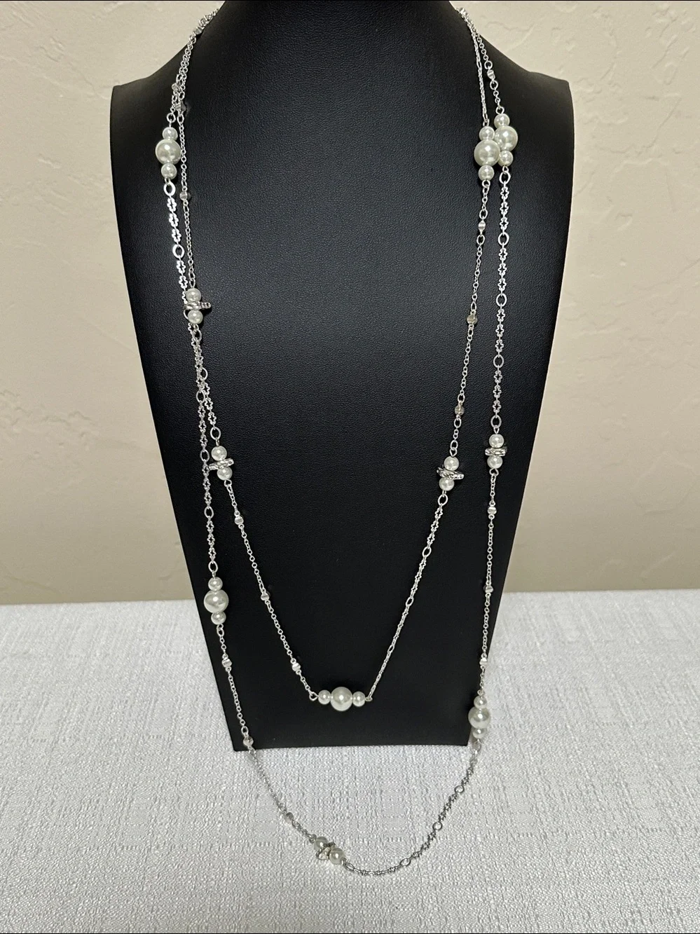 Dillards Silver Tone Faux Pearl Station Necklace